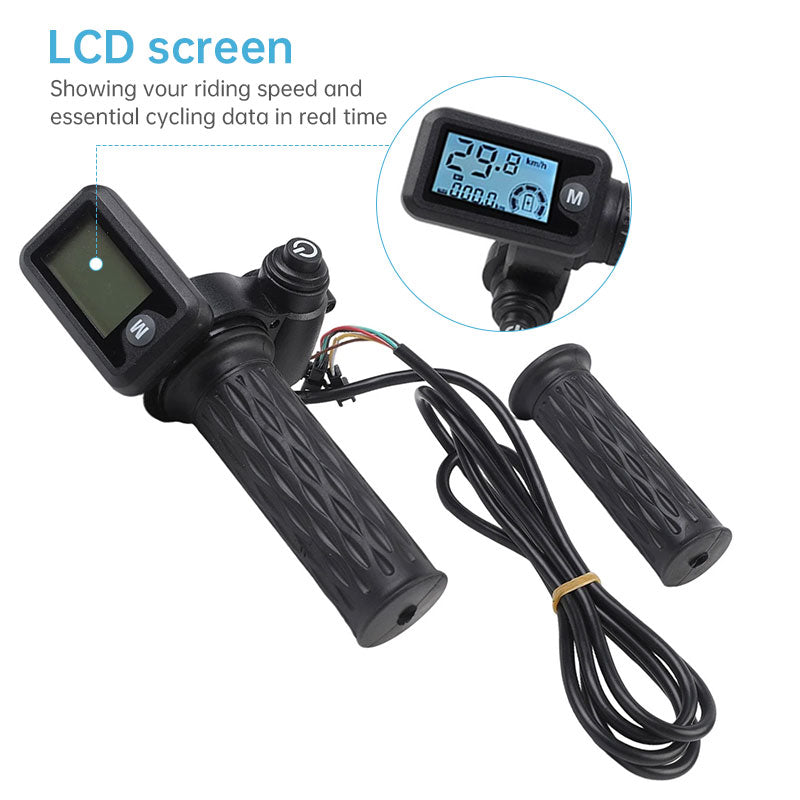 Electric Bike Throttle with LCD Speedometer & Voltmeter, 170cm Cable, Compatible 36/48/60/72V, Includes a Pair