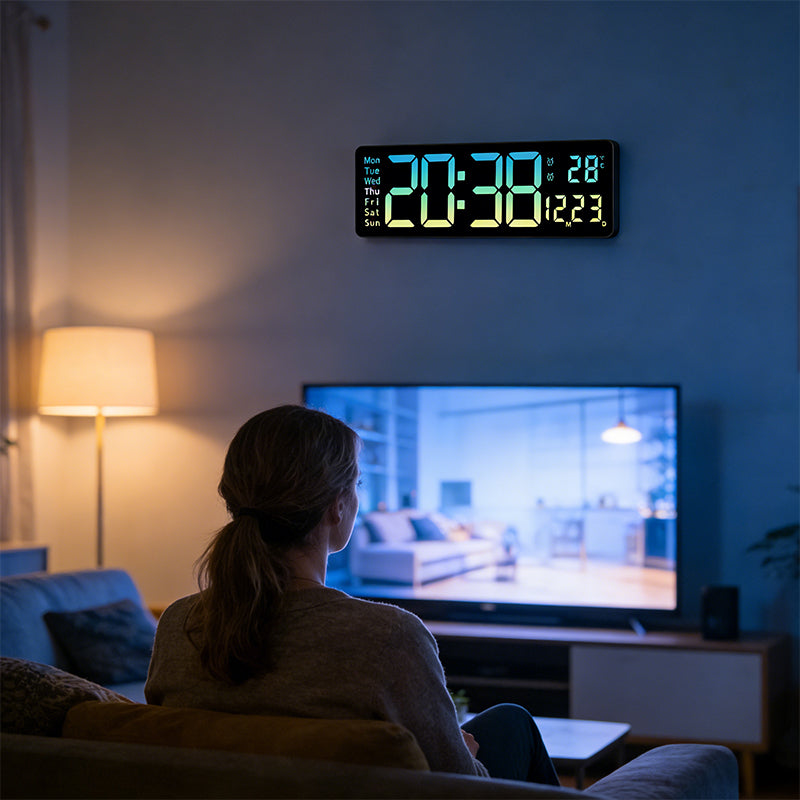 Large Digital Wall Clock with Remote Control, Temperature, Date, Week Display, Memory Function, Dual Alarms, and LED Wall Mount