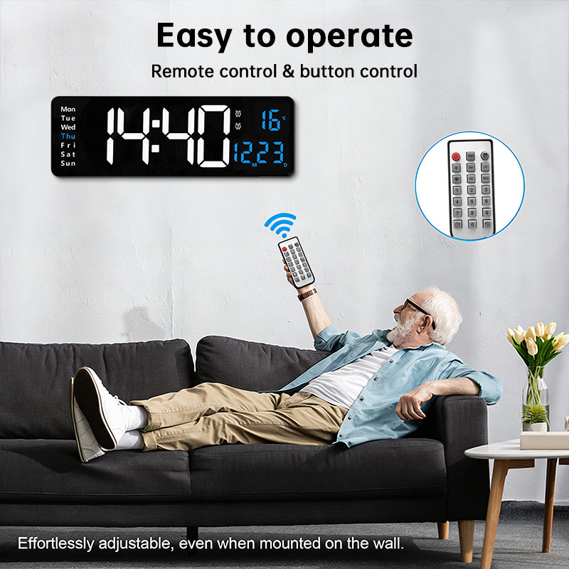 Large Digital Wall Clock with Remote Control, Temperature, Date, Week Display, Memory Function, Dual Alarms, and LED Wall Mount