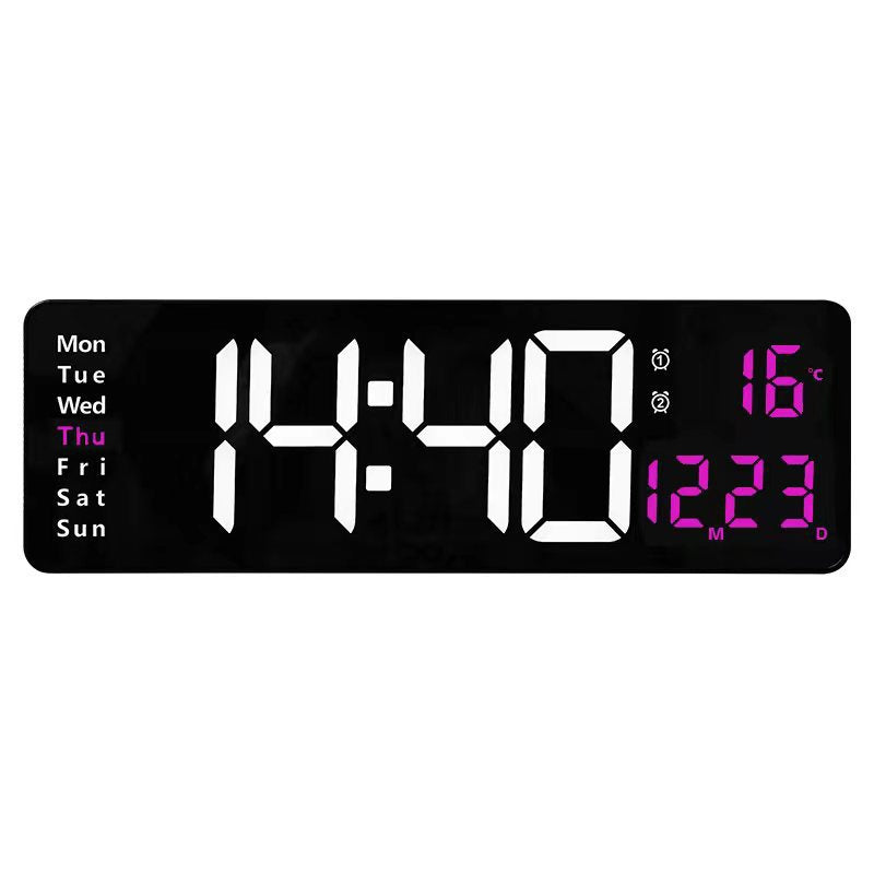 Large Digital Wall Clock with Remote Control, Temperature, Date, Week Display, Memory Function, Dual Alarms, and LED Wall Mount