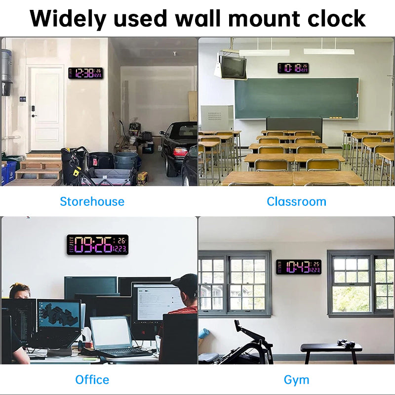 Large Digital Wall Clock with Remote Control, Temperature, Date, Week Display, Memory Function, Dual Alarms, and LED Wall Mount