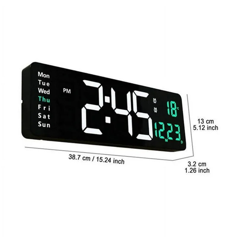Large Digital Wall Clock with Remote Control, Temperature, Date, Week Display, Memory Function, Dual Alarms, and LED Wall Mount