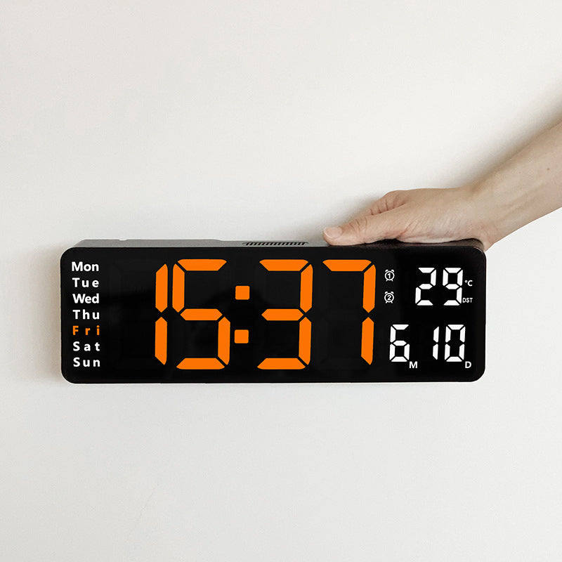 Large Digital Wall Clock with Remote Control, Temperature, Date, Week Display, Memory Function, Dual Alarms, and LED Wall Mount