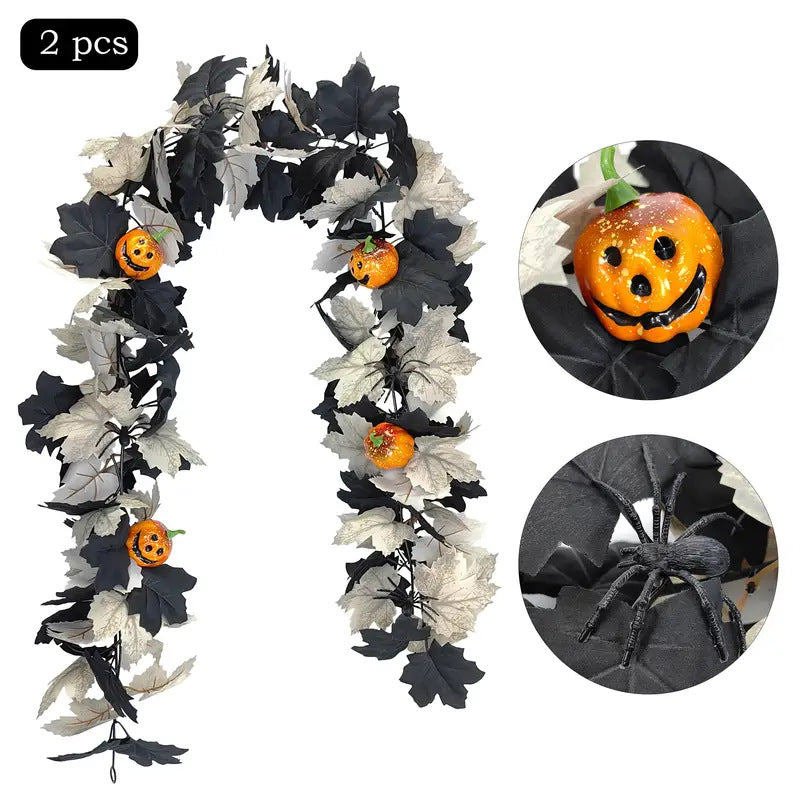 Faux Halloween Vine with Ghost Face Pumpkin and Maple Leaves Decorative Vine for Home Halloween Decoration