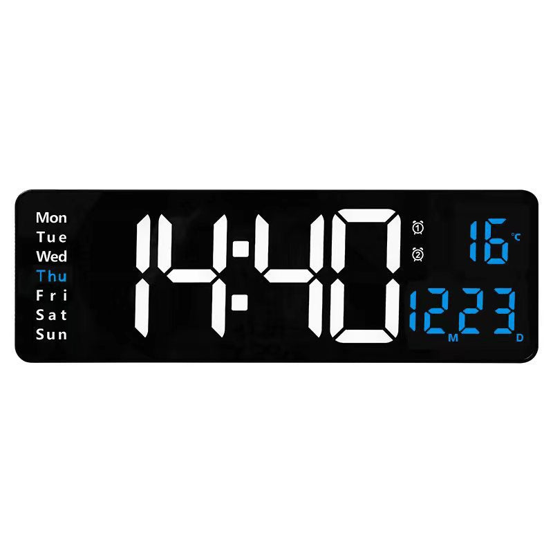 Large Digital Wall Clock with Remote Control, Temperature, Date, Week Display, Memory Function, Dual Alarms, and LED Wall Mount