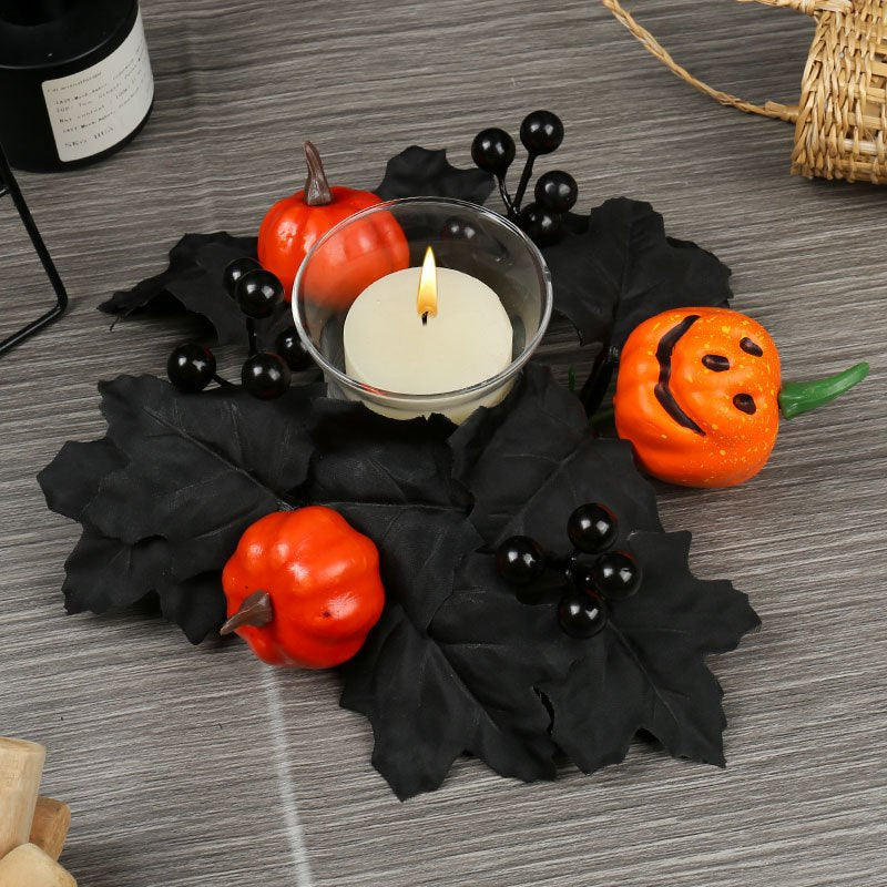 Halloween Decorative Fake Pumpkin Maple Leaf Harvest Festival Decoration Scene Arrangement Halloween Candle Holder Wreath