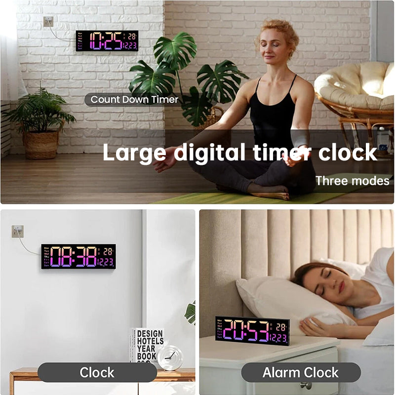 Large Digital Wall Clock with Remote Control, Temperature, Date, Week Display, Memory Function, Dual Alarms, and LED Wall Mount