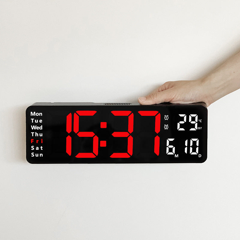 Large Digital Wall Clock with Remote Control, Temperature, Date, Week Display, Memory Function, Dual Alarms, and LED Wall Mount