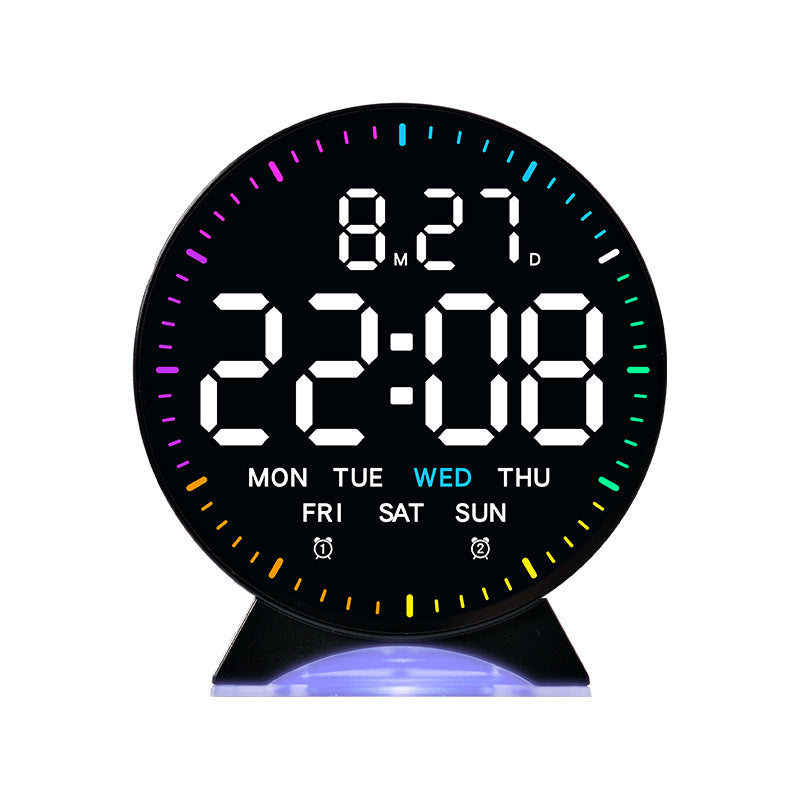 LED alarm clock with custom jump-second display, ambient light, auto-dimming USB desk clock.