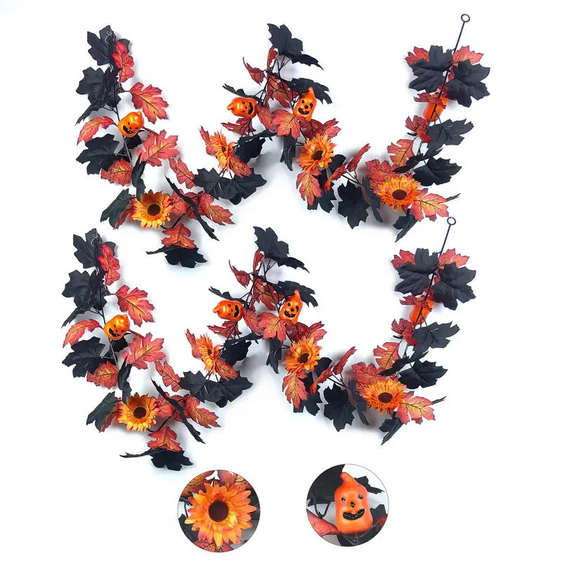 Faux Halloween Vine with Ghost Face Pumpkin and Maple Leaves Decorative Vine for Home Halloween Decoration
