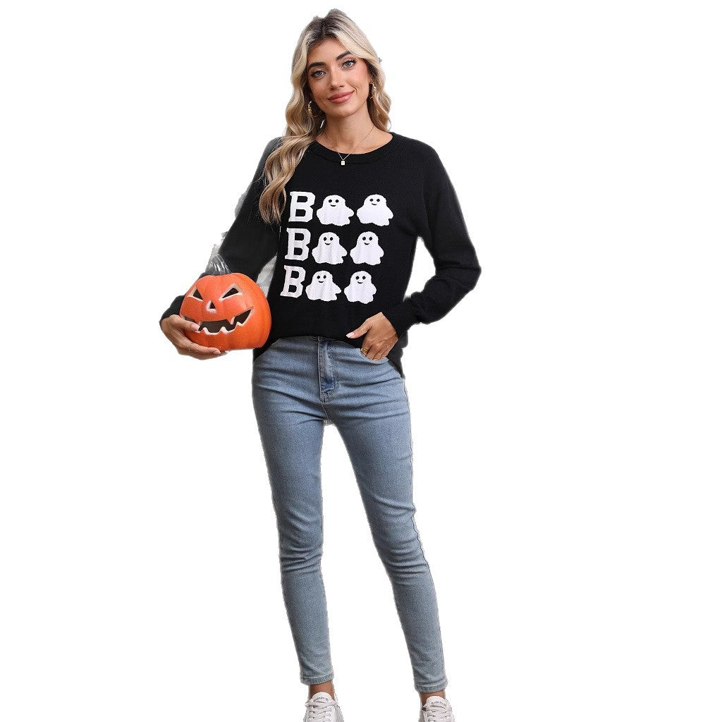 Halloween embroidery casual round neck long sleeved top with Halloween elements