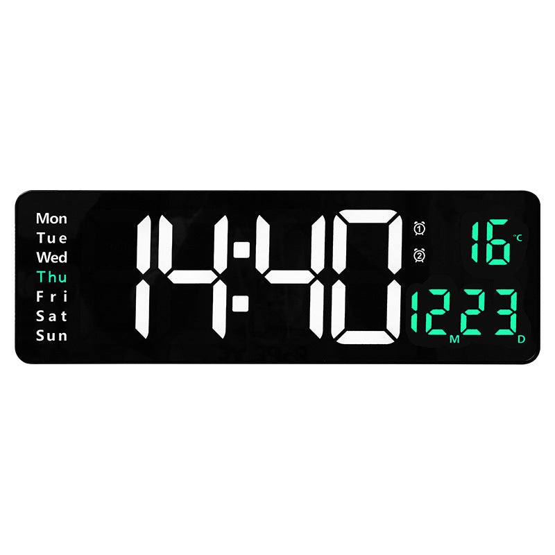 Large Digital Wall Clock with Remote Control, Temperature, Date, Week Display, Memory Function, Dual Alarms, and LED Wall Mount