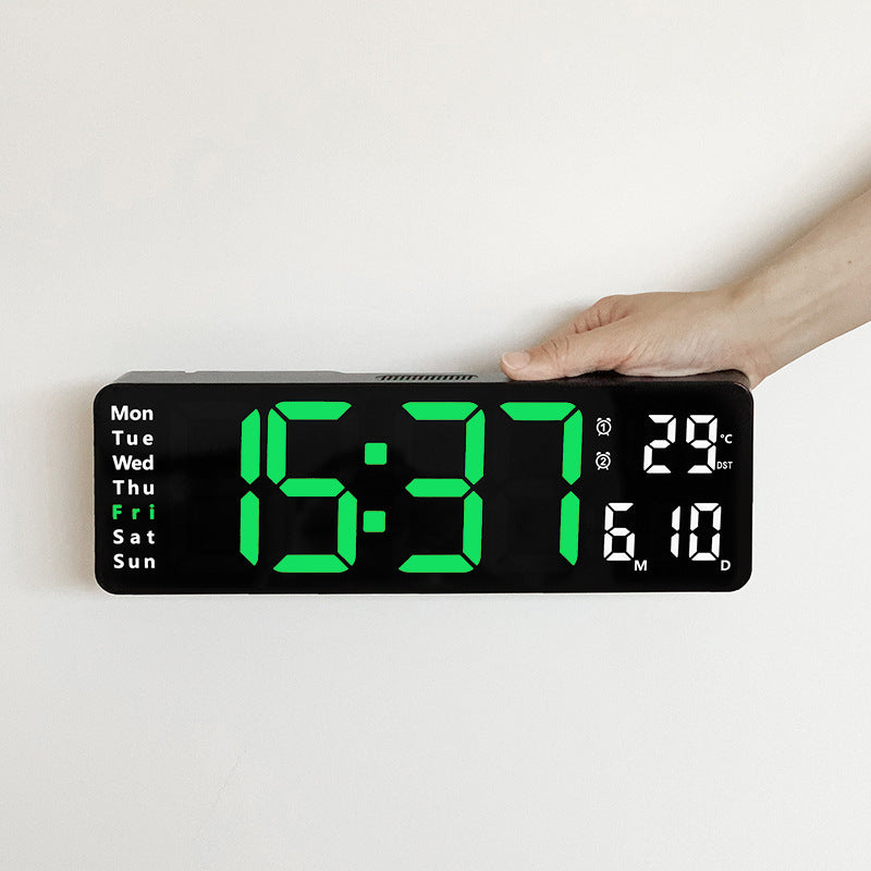 Large Digital Wall Clock with Remote Control, Temperature, Date, Week Display, Memory Function, Dual Alarms, and LED Wall Mount