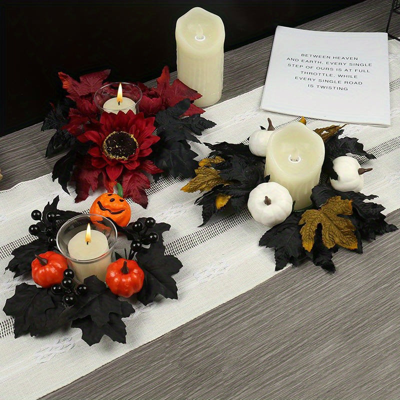 Halloween Decorative Fake Pumpkin Maple Leaf Harvest Festival Decoration Scene Arrangement Halloween Candle Holder Wreath
