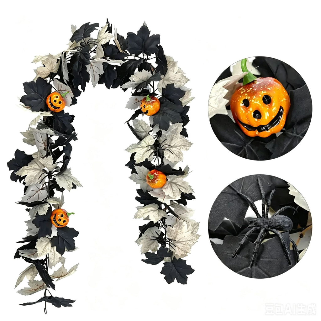 Faux Halloween Vine with Ghost Face Pumpkin and Maple Leaves Decorative Vine for Home Halloween Decoration