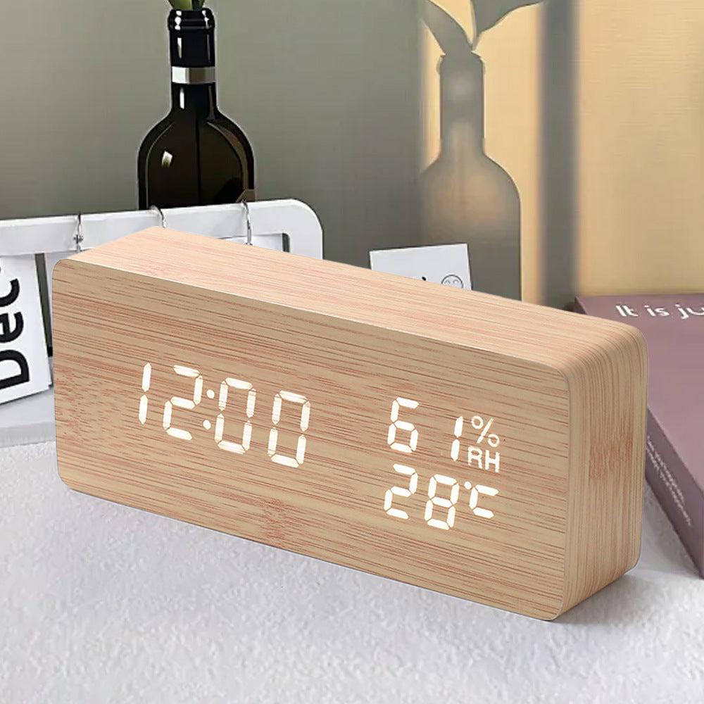 PVC Wooden Clock Multi-Function Alarm Clock LED Clock Thermometer Digital Clock Student Bedside Electronic Night Light Alarm