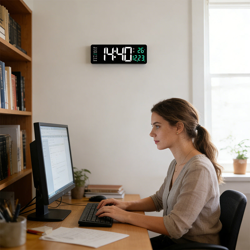 Large Digital Wall Clock with Remote Control, Temperature, Date, Week Display, Memory Function, Dual Alarms, and LED Wall Mount