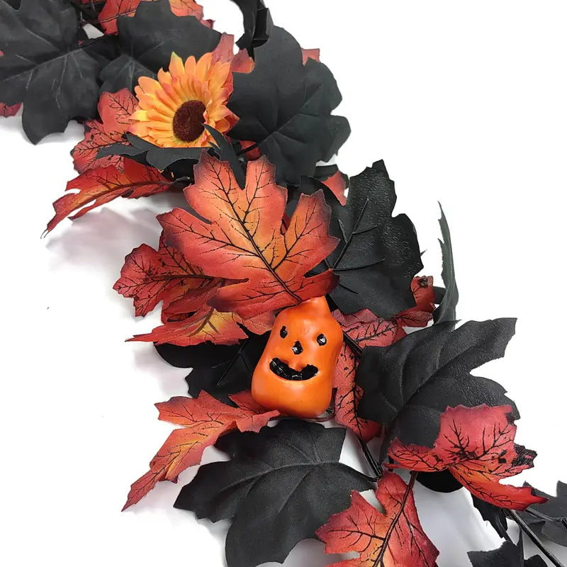 Faux Halloween Vine with Ghost Face Pumpkin and Maple Leaves Decorative Vine for Home Halloween Decoration
