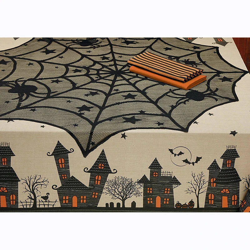 40inch  Round 1Pcs Halloween Lace Tablecloth Black Spider Web Lace Mantle for Halloween Party Decoraiton Background Decoration