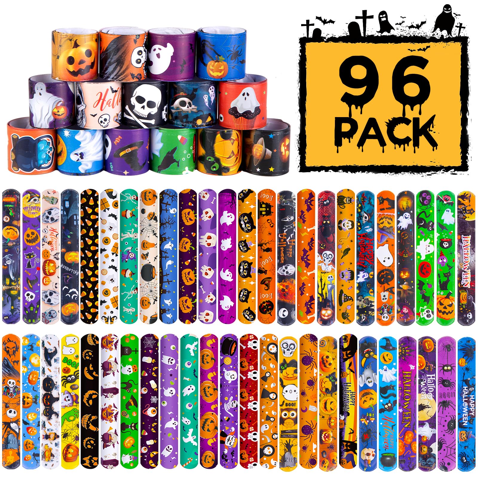 Shindel Halloween Slap Bracelets 96PCS Kids Halloween Party Favors Halloween Slap Bands Wristbands Bulk for Goodie Bag Stuffers Trick or Treat