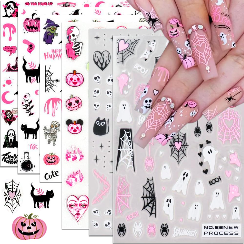Halloween Nail Stickers Halloween Nail Art Decals 3D Self-Adhesive Pink Ghost Skull Spider Pumpkin Halloween Nail Design DIY Holiday Nail Decoration for Halloween Party (6 Sheets)